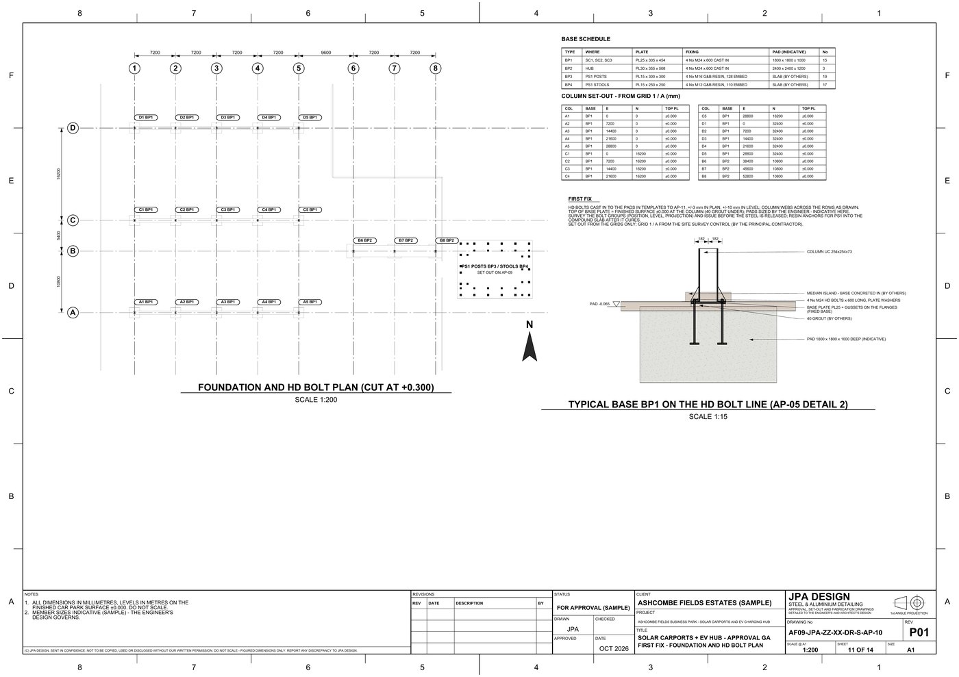 AF09-AP-10 Foundation and HD bolt plan, base schedule