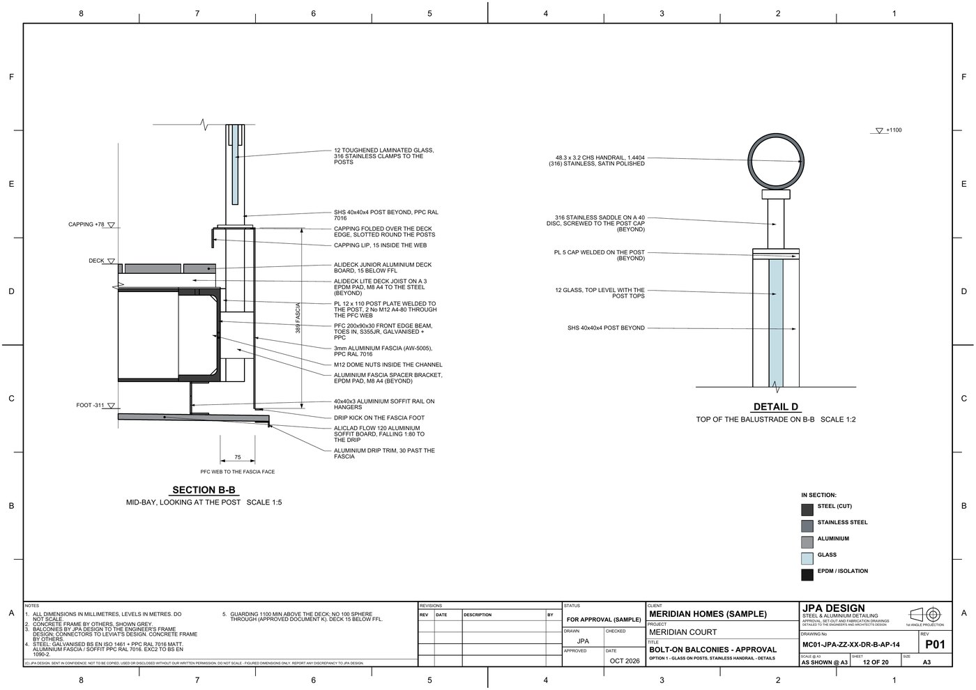 MC01-AP-14 Glass on posts: section B-B and handrail detail