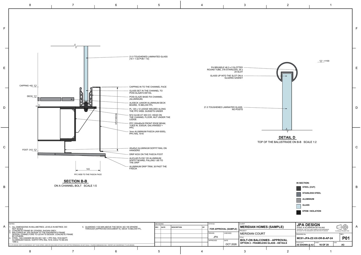 MC01-AP-24 Frameless glass: section B-B and top detail